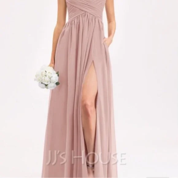 fawn color bridesmaid dress Mauve Pink Chiffon Keyhole Halter Neck Ruffle Gown